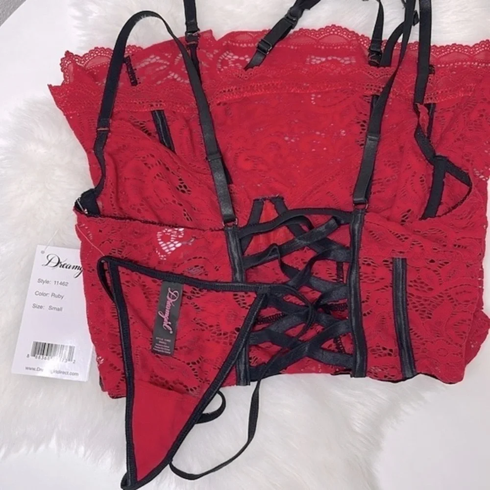 Dreamgirl Ruby Red Lace Underwire Bustier Corset Chemise Garter Strap Size Small
